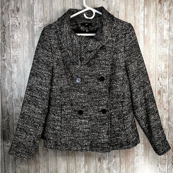 H&M Tweed Blazer Womens Pea‎ Coat 10 Black White Tan Two Button Double Breasted - Picture 1 of 7